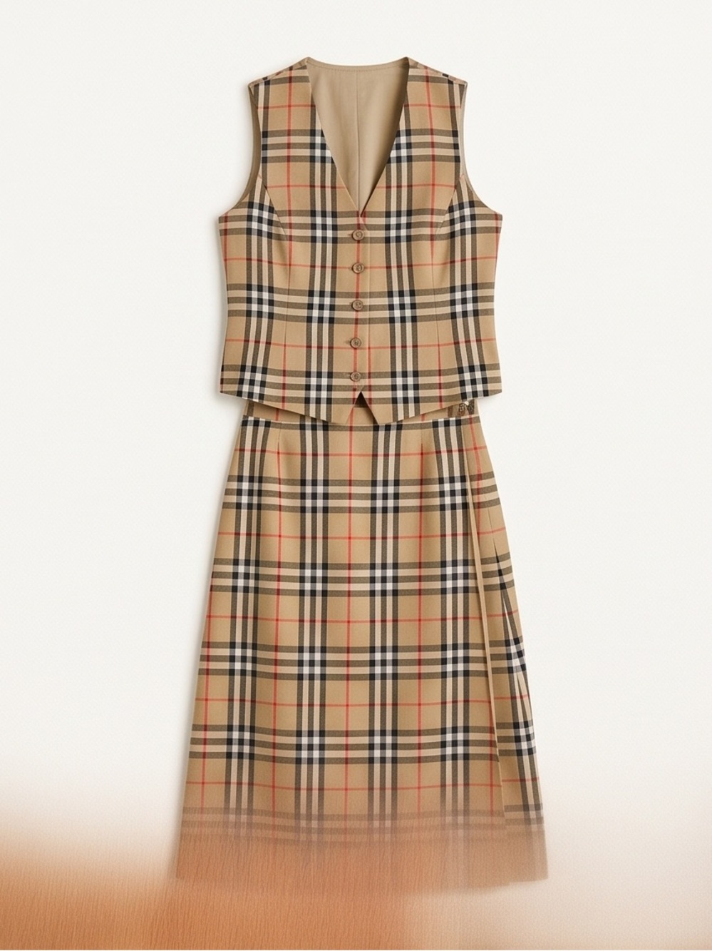 Burberry Beige Check Wool Vest and wrap arround Skirt Set